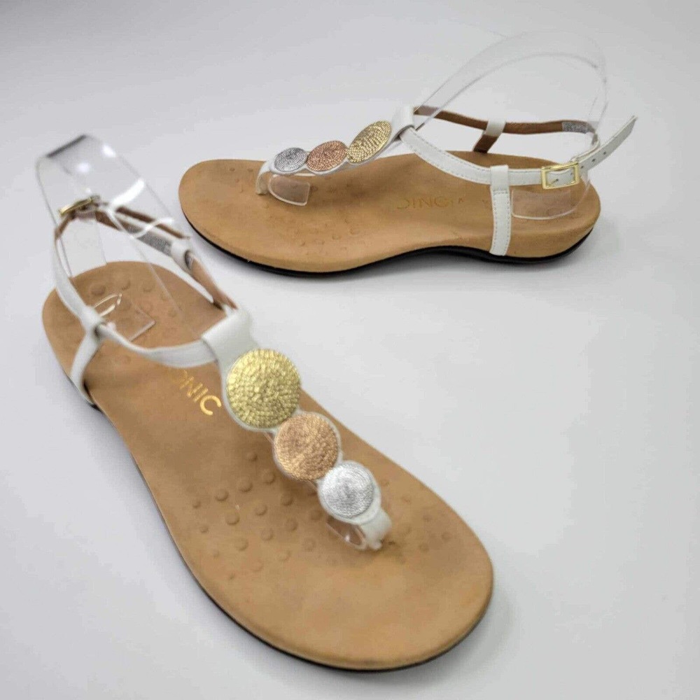 Vionic Lizbeth Sandals Womens 9 Metallic Silver White Gold Strappy Flats Shoes